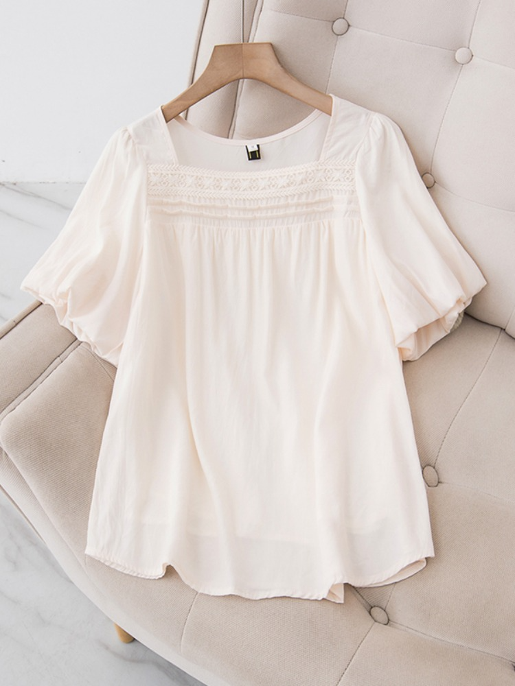 Plus Size Square Neck Lattice Lace Short Sleeve Blouse