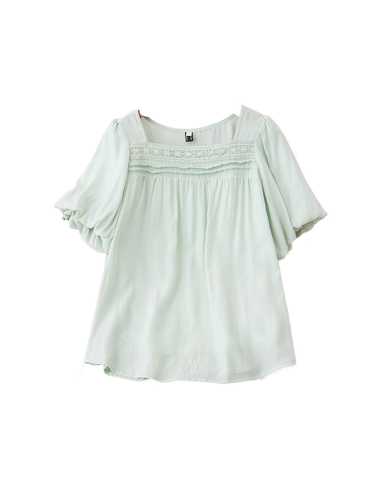 Plus Size Square Neck Lattice Lace Short Sleeve Blouse