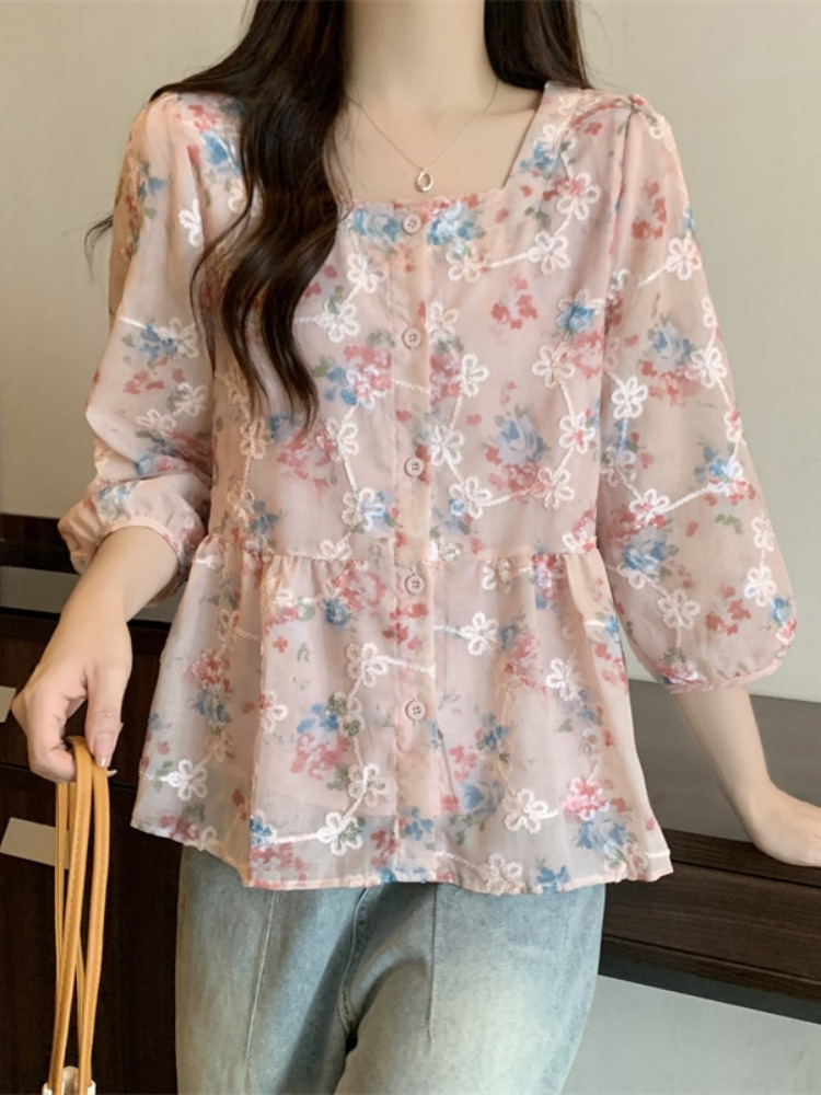 Plus Size Square Neck Peplum Floral 3/4 Sleeve Blouse