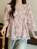 Plus Size Square Neck Peplum Floral 3/4 Sleeve Blouse