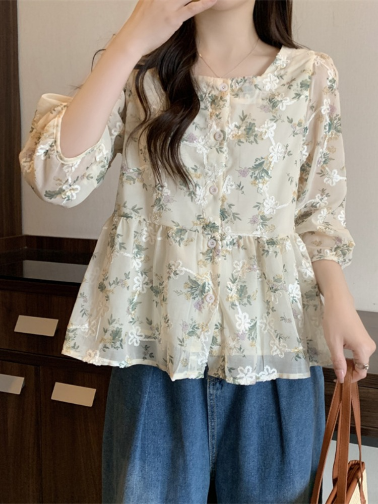 Plus Size Square Neck Peplum Floral 3/4 Sleeve Blouse