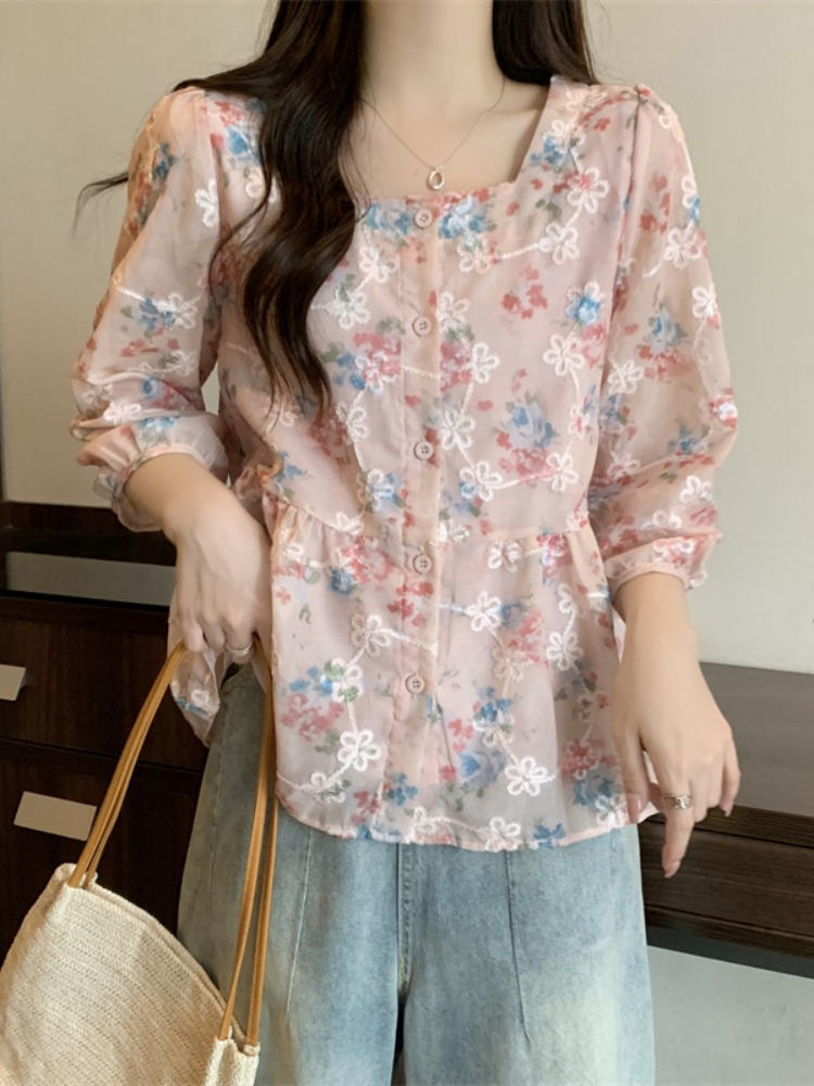 Plus Size Square Neck Peplum Floral 3/4 Sleeve Blouse