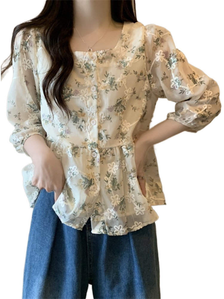 Plus Size Square Neck Peplum Floral 3/4 Sleeve Blouse