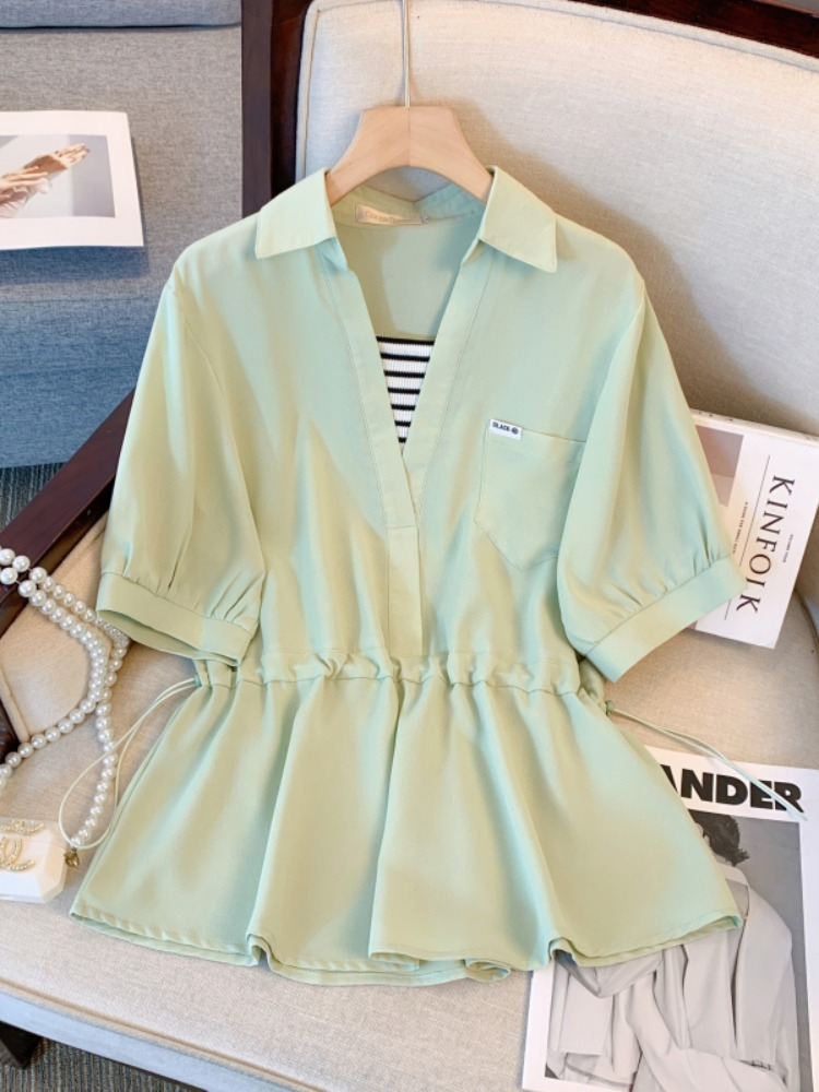 Plus Size Stripe Inner Mock 2 Piece Peplum Shirt Blouse