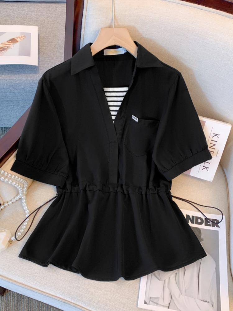 Plus Size Stripe Inner Mock 2 Piece Peplum Shirt Blouse