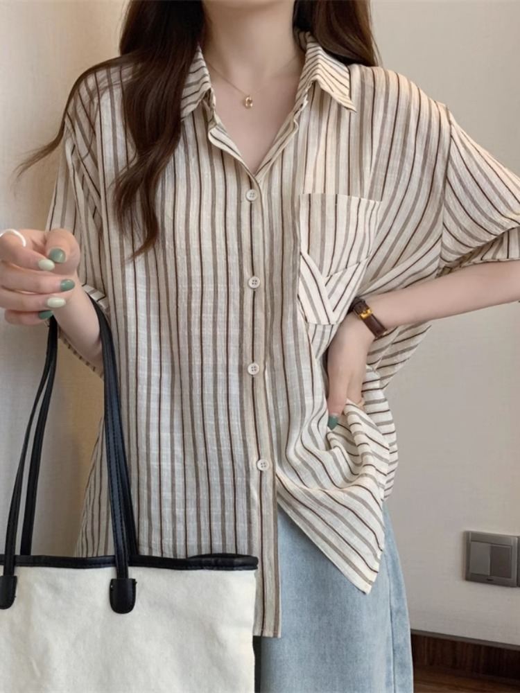 Plus Size Stripe Pocket Loose Short Sleeve Shirt