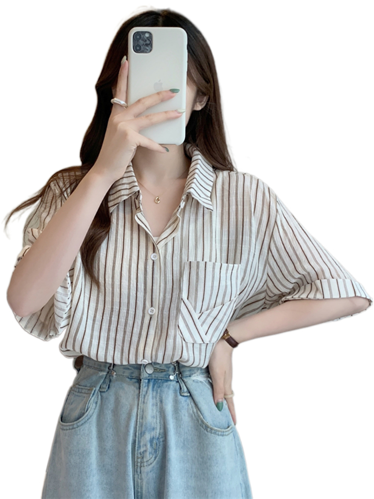 Plus Size Stripe Pocket Loose Short Sleeve Shirt