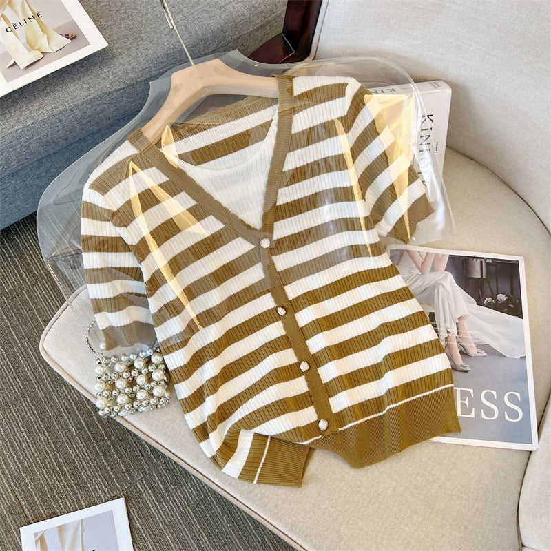 Plus Size Stripe Layer Knit V Neck Top