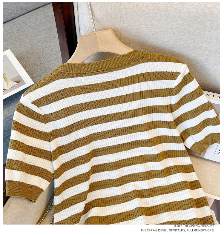 Plus Size Stripe Layer Knit V Neck Top