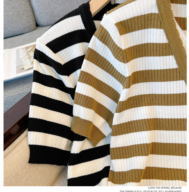 Plus Size Stripe Layer Knit V Neck Top