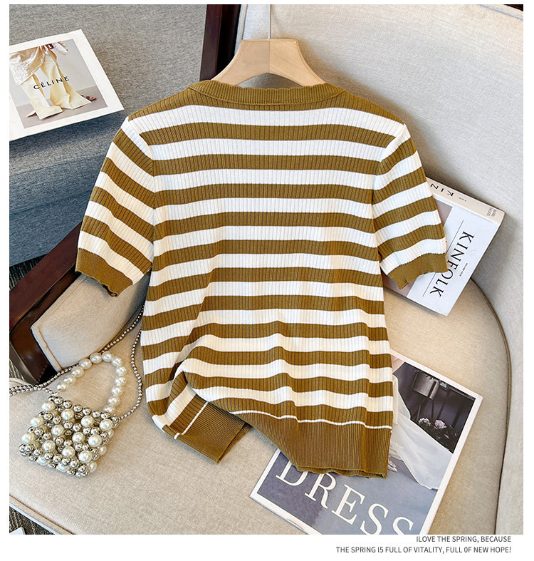 Plus Size Stripe Layer Knit V Neck Top