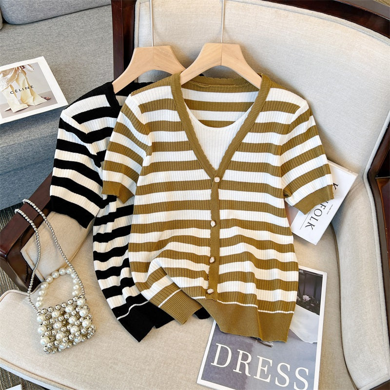 Plus Size Stripe Layer Knit V Neck Top