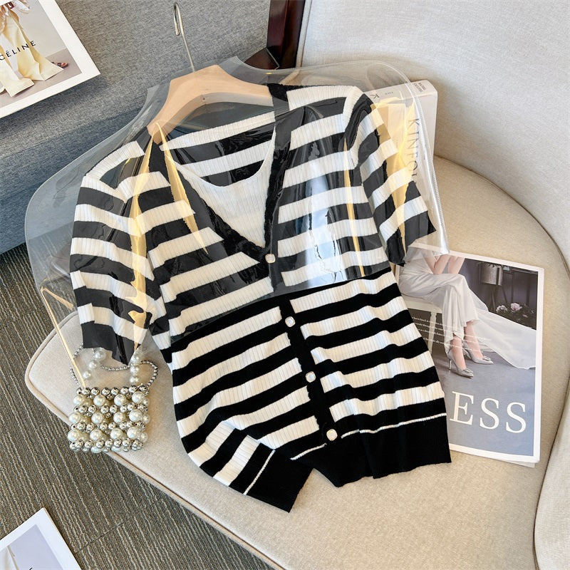 Plus Size Stripe Layer Knit V Neck Top