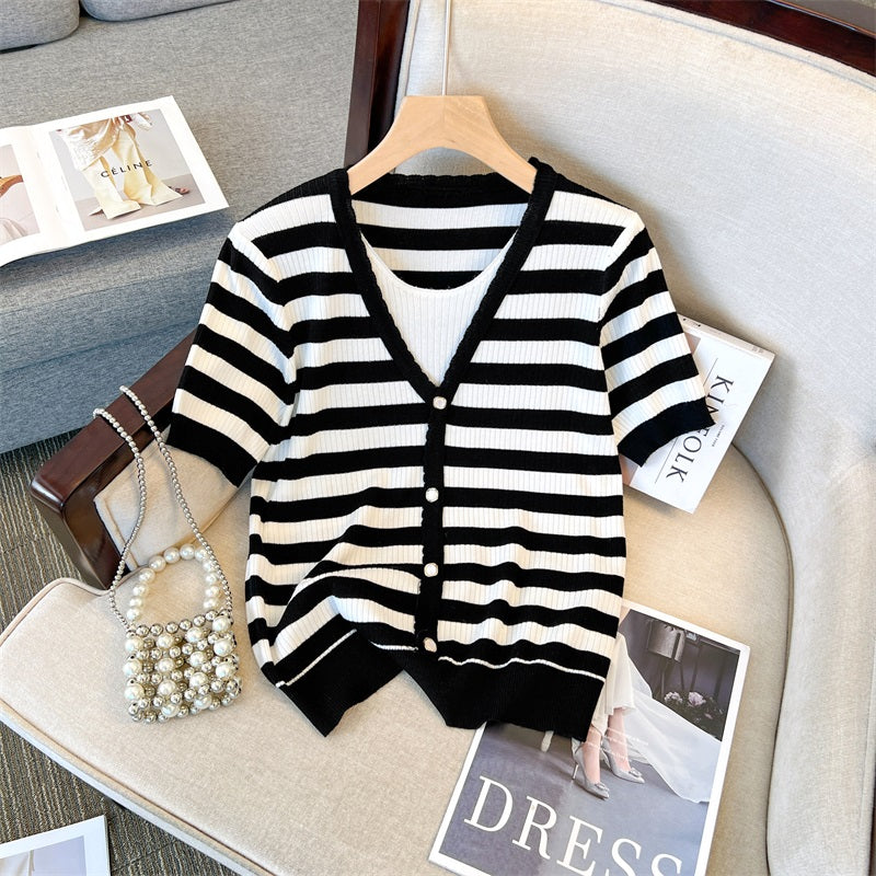 Plus Size Stripe Layer Knit V Neck Top