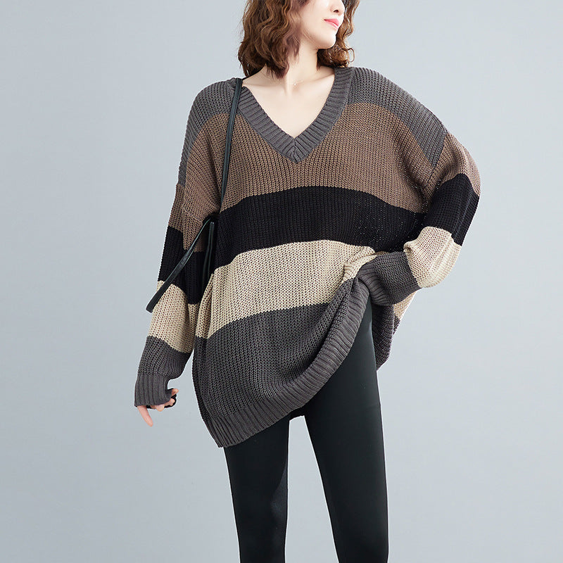 Plus Size Stripe V Neck Sweater