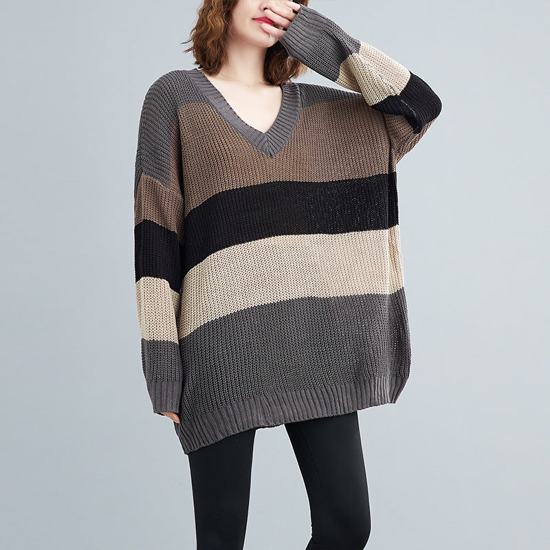 Plus Size Stripe V Neck Sweater