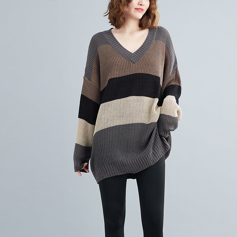 Plus Size Stripe V Neck Sweater