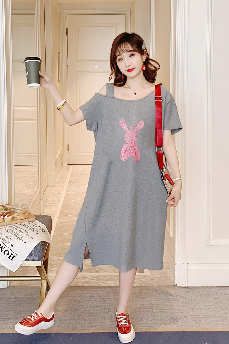 Plus Size Cotton Rabbit Off Shoulder T Shirt Dress
