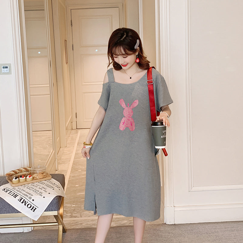 Plus Size Cotton Rabbit Off Shoulder T Shirt Dress