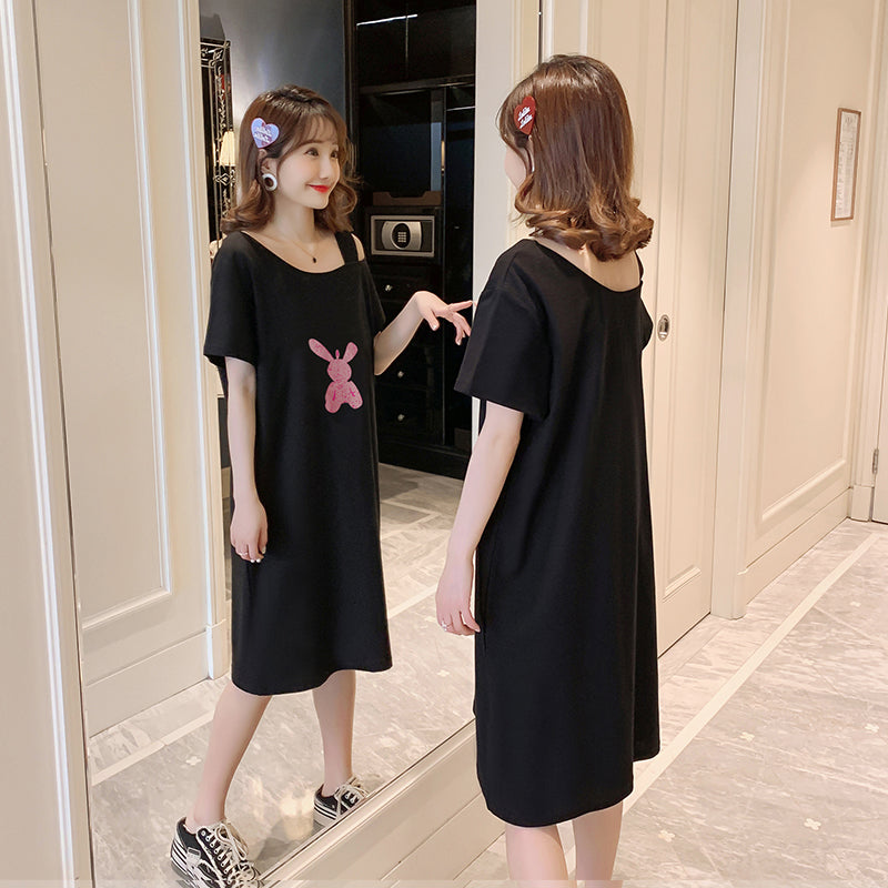 Plus Size Cotton Rabbit Off Shoulder T Shirt Dress