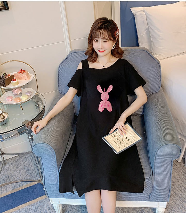 Plus Size Cotton Rabbit Off Shoulder T Shirt Dress