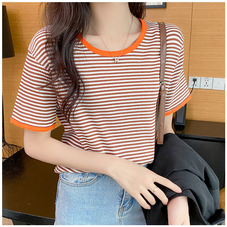 Plus Size Cotton Stripes Round Neck Tee