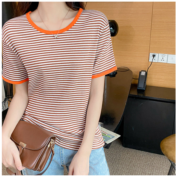 Plus Size Cotton Stripes Round Neck Tee