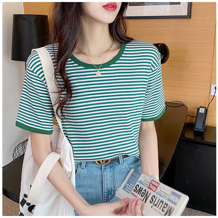 Plus Size Cotton Stripes Round Neck Tee