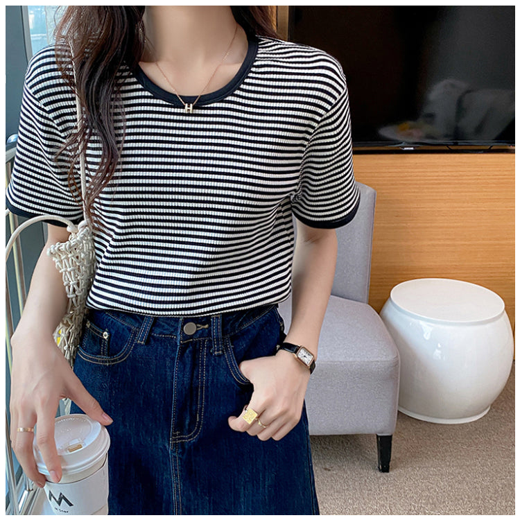 Plus Size Cotton Stripes Round Neck Tee