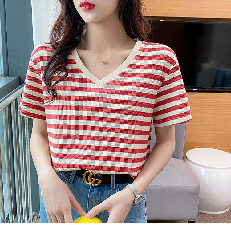 Plus Size Cotton Stripes V Neck Tee