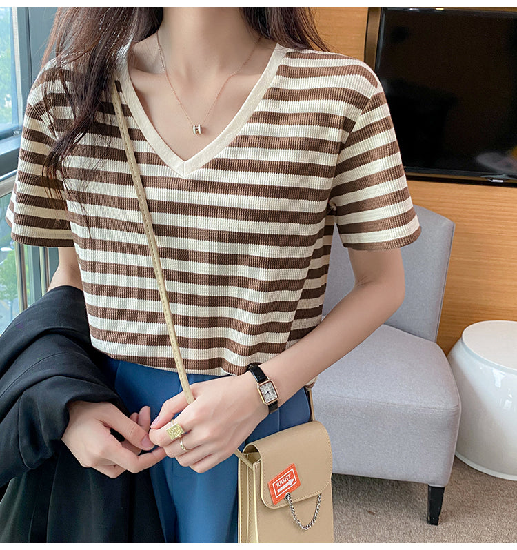 Plus Size Cotton Stripes V Neck Tee