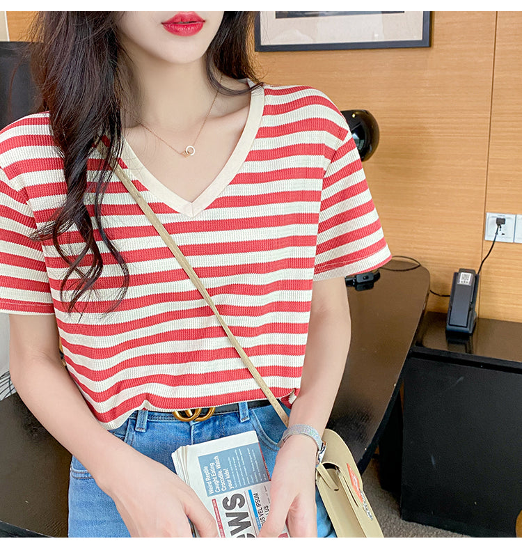 Plus Size Cotton Stripes V Neck Tee