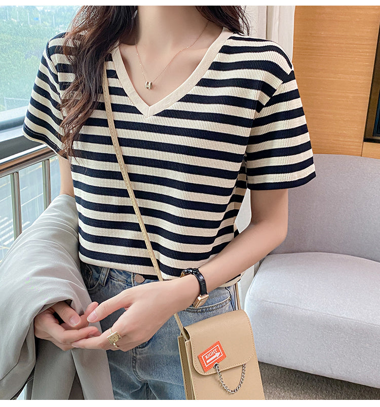 Plus Size Cotton Stripes V Neck Tee