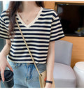 Plus Size Cotton Stripes V Neck Tee