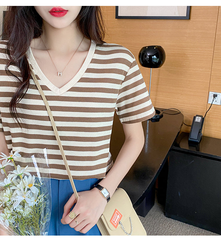 Plus Size Cotton Stripes V Neck Tee