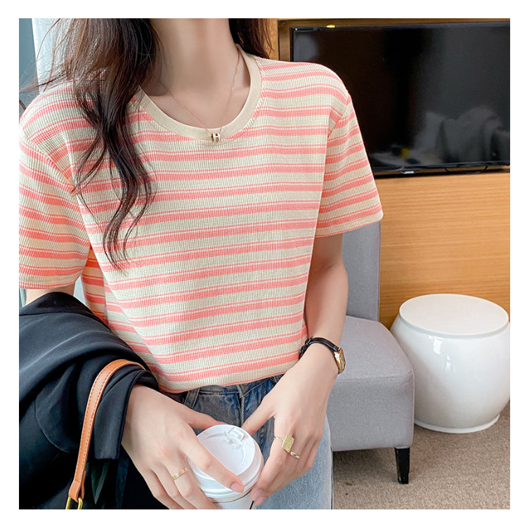 Plus Size Cotton Round Neck Stripes Tee