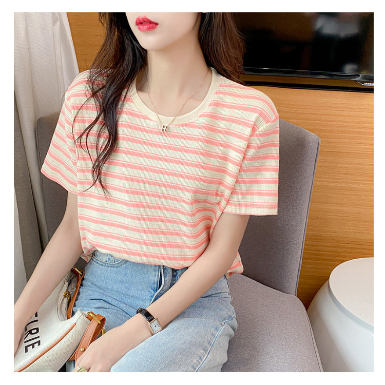 Plus Size Cotton Round Neck Stripes Tee