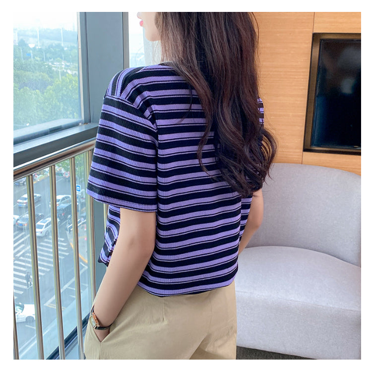 Plus Size Cotton Round Neck Stripes Tee