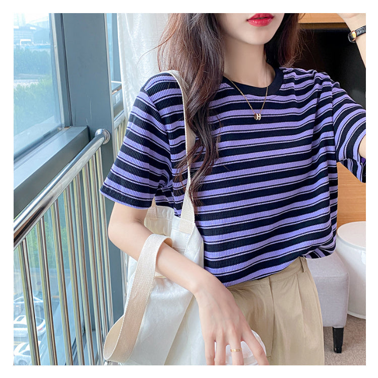 Plus Size Cotton Round Neck Stripes Tee