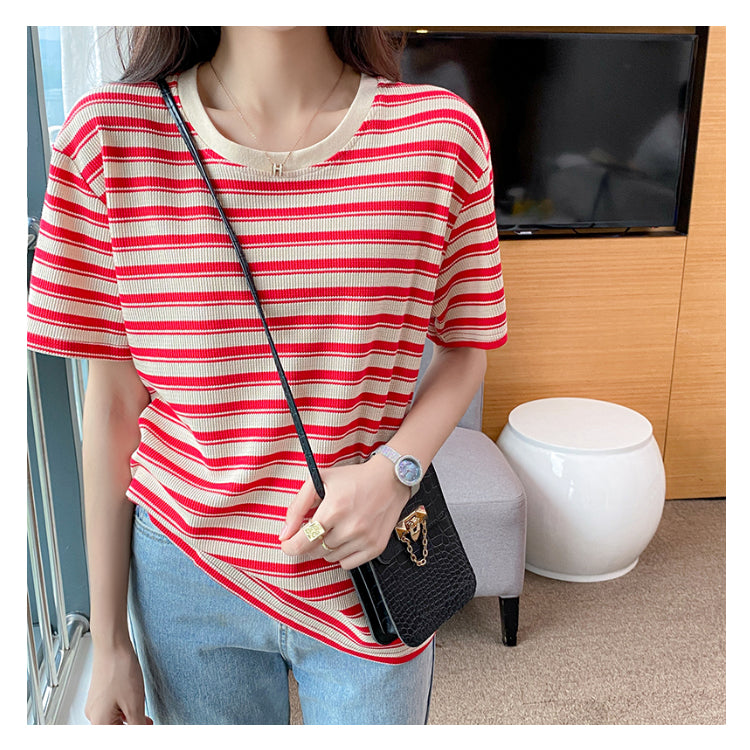 Plus Size Cotton Round Neck Stripes Tee