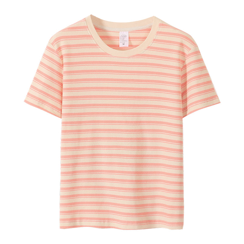Plus Size Cotton Round Neck Stripes Tee