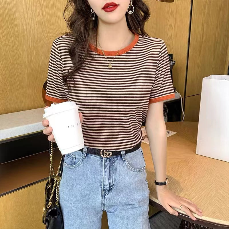 Plus Size Cotton Stripes Round Neck Tee