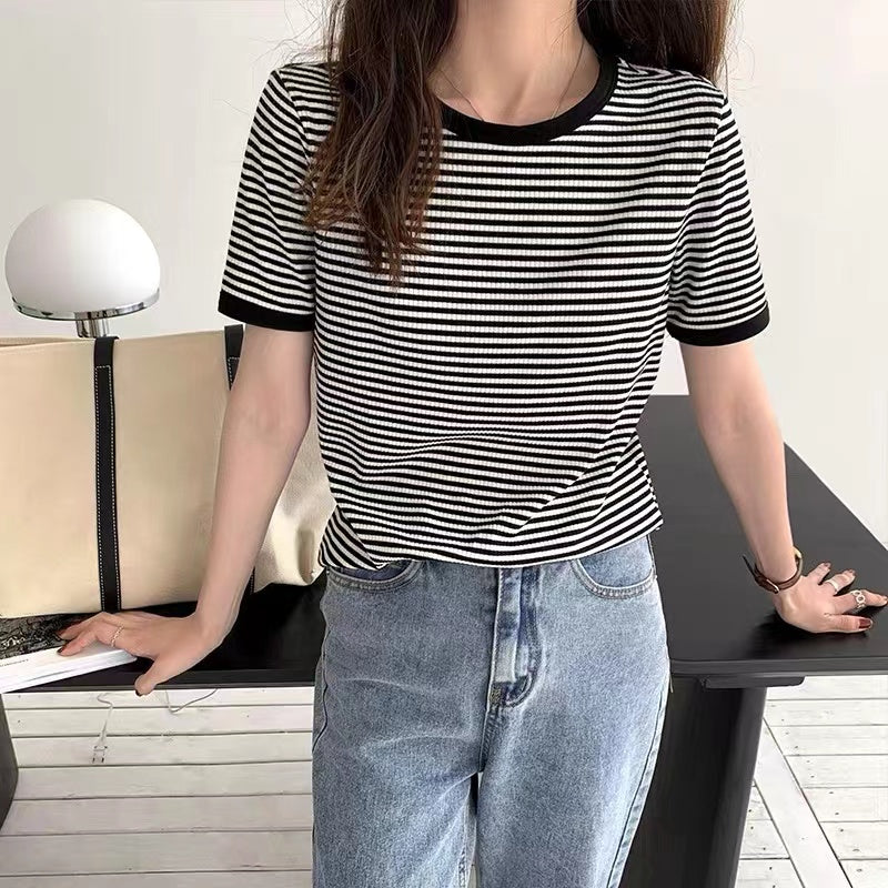 Plus Size Cotton Stripes Round Neck Tee