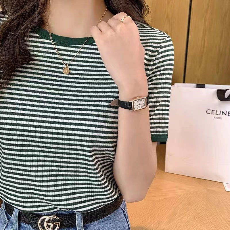 Plus Size Cotton Stripes Round Neck Tee