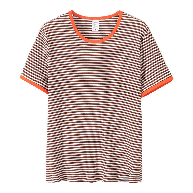 Plus Size Cotton Stripes Round Neck Tee