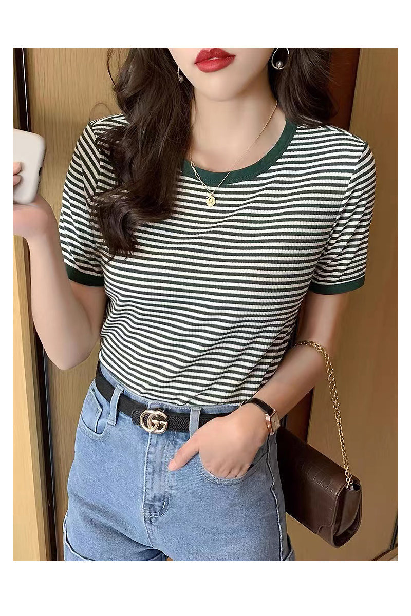 Plus Size Cotton Stripes Round Neck Tee