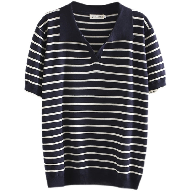 Plus Size Knit Stripe Polo T Shirt Blouse (EXTRA BIG SIZE)