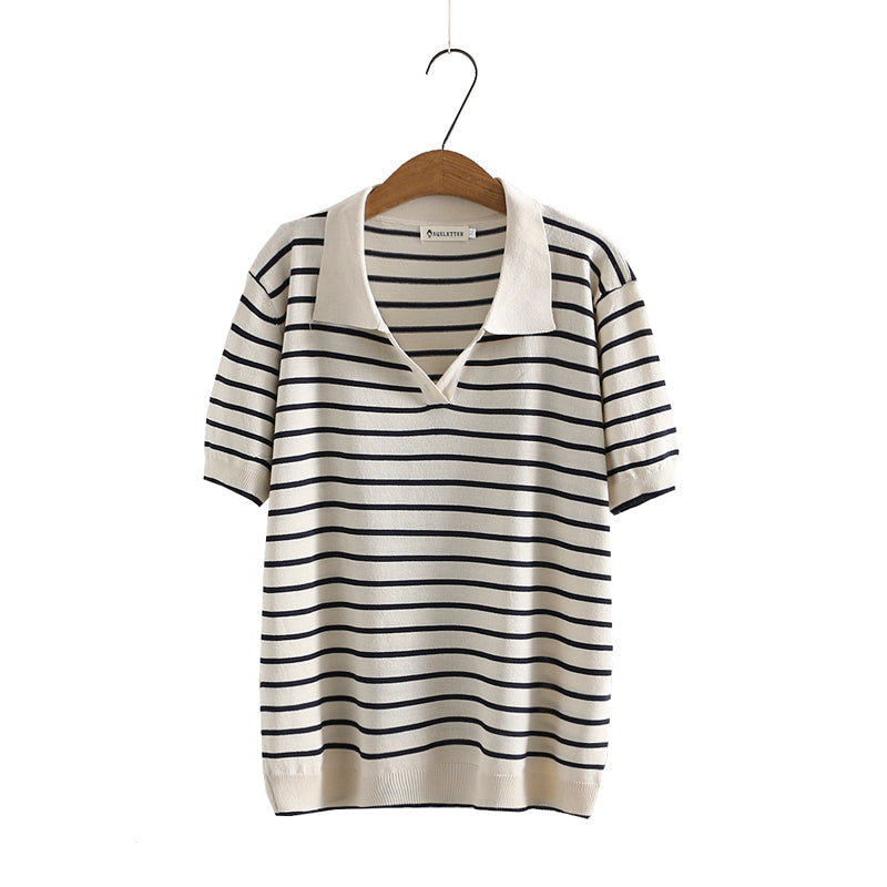 Plus Size Knit Stripe Polo T Shirt Blouse (EXTRA BIG SIZE)