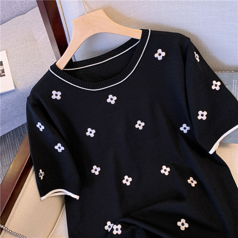 Plus Size Korean Round Neck Pattern Knit Top