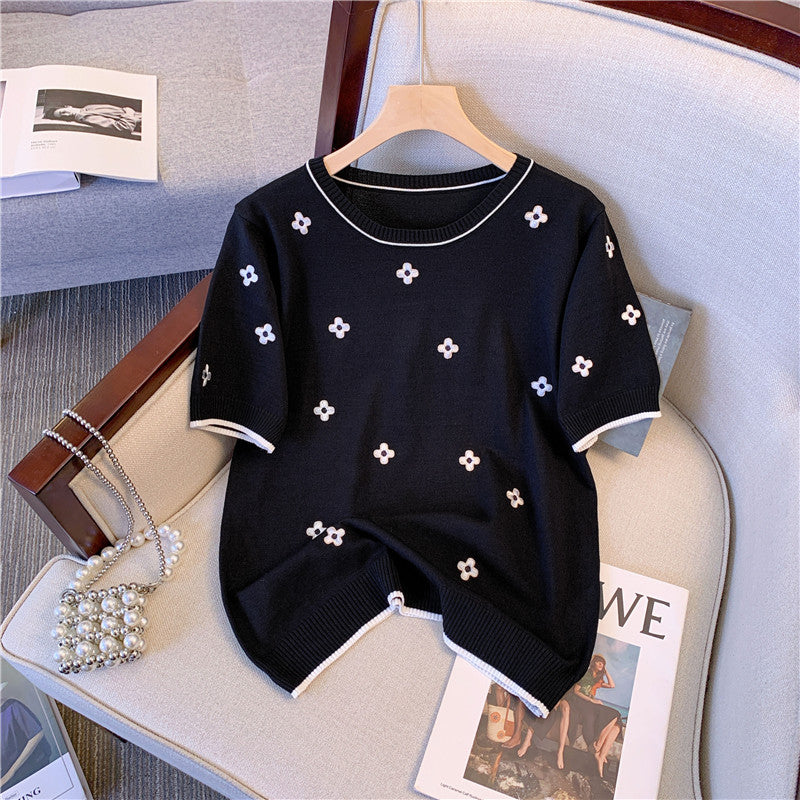 Plus Size Korean Round Neck Pattern Knit Top